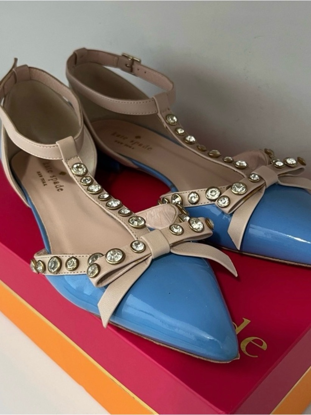 kate spade Becca Tiffany Blue and Nude Jeweled T-Strap Pointed Flats - Picture 3 of 3